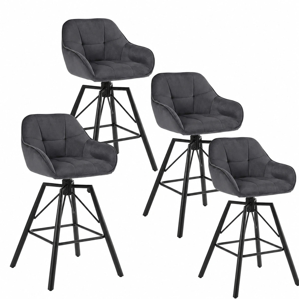 Set di 4 sgabelli da bar WOLTU in velluto con schienale e braccioli, sedile girevole, grigio scuro