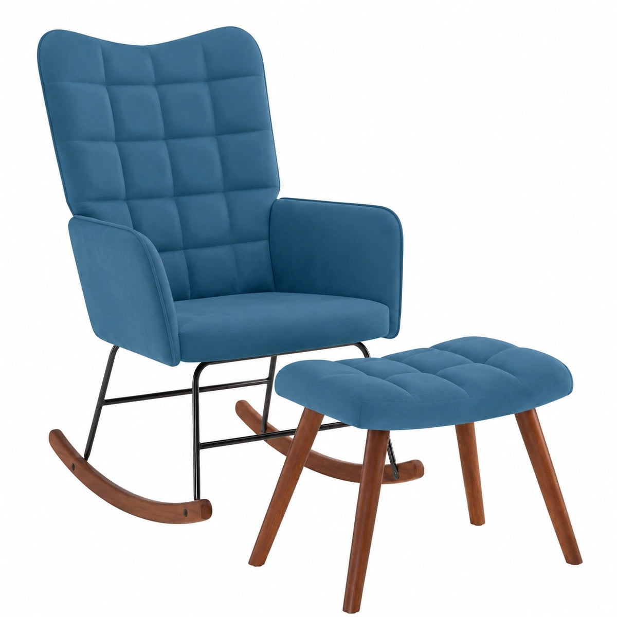 Sedia a Dondolo in Velluto Blu con Poggiapiedi - Comoda Poltrona Relax