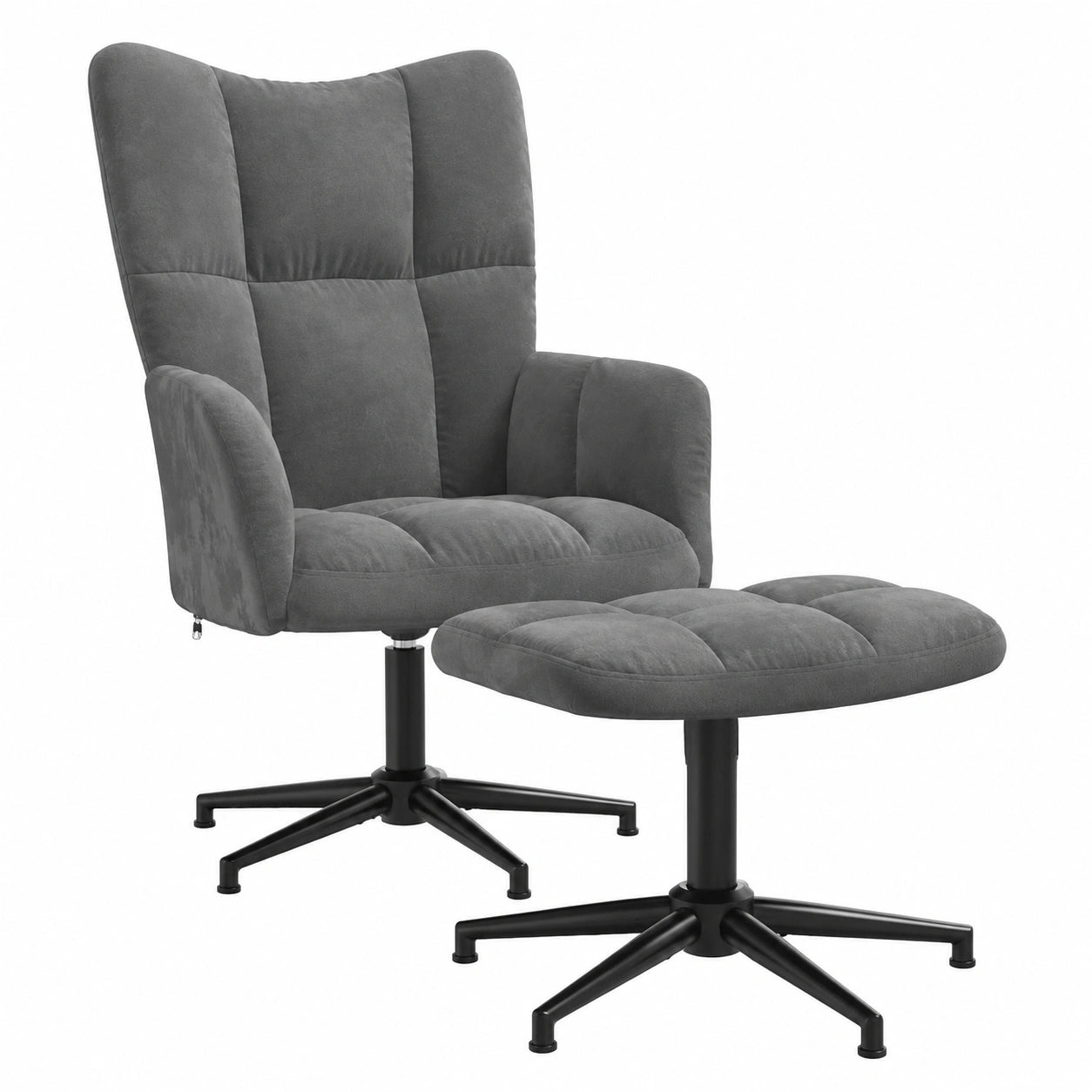 Poltrona girevole in velluto grigio scuro con sgabello, design moderno per soggiorno, comfort e stile