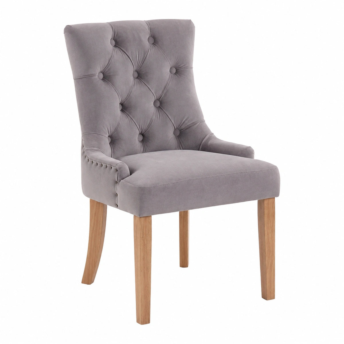 Sedia da Pranzo Chesterfield Aberdeen in Velluto Grigio con Schienale Alto e Struttura in Legno Antico