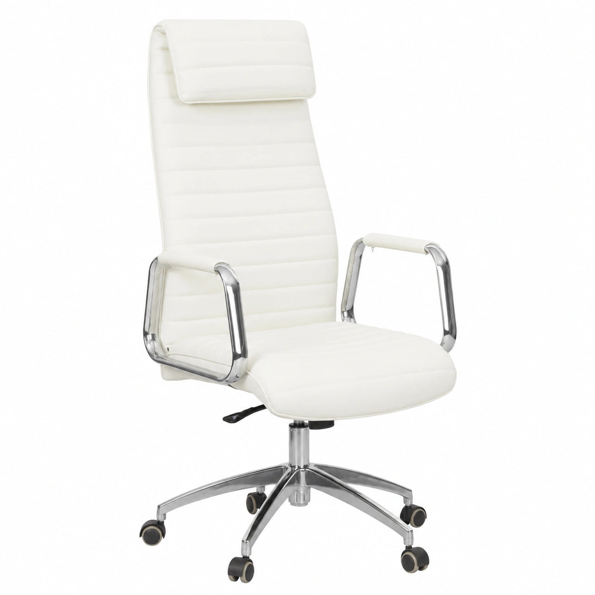 Sedia Ergonomica Girevole in Pelle Bianca con Braccioli e Schienale Alto