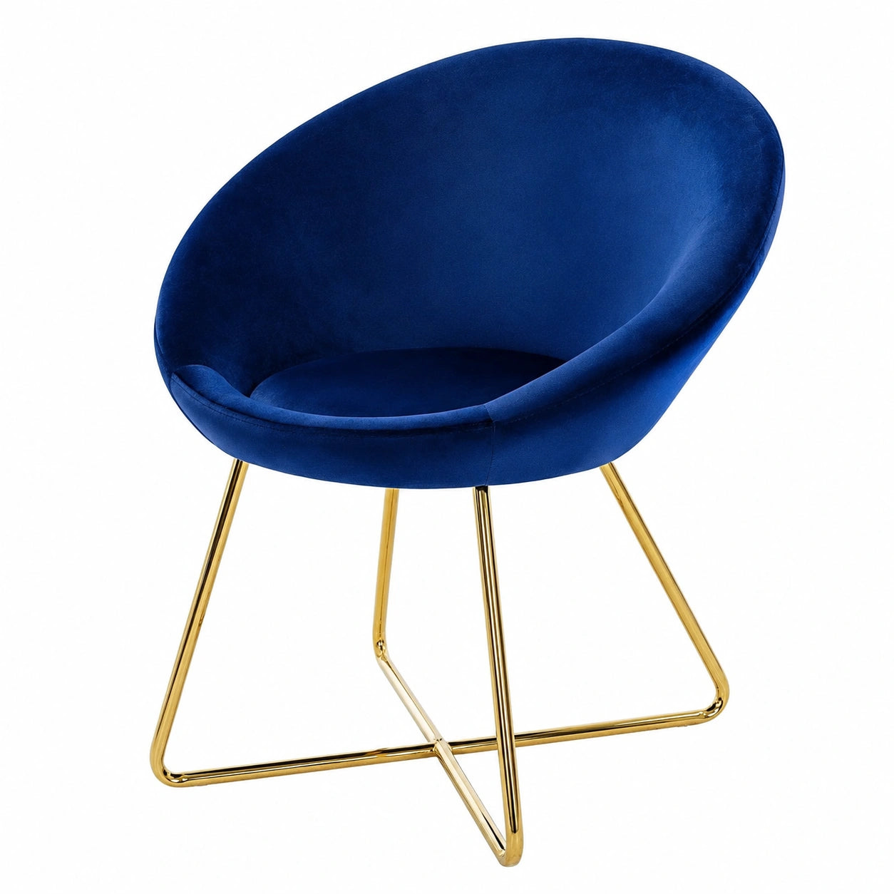 Sedia Ergonomica in Velluto Blu con Gambe Dorate e Schienale Rotondo